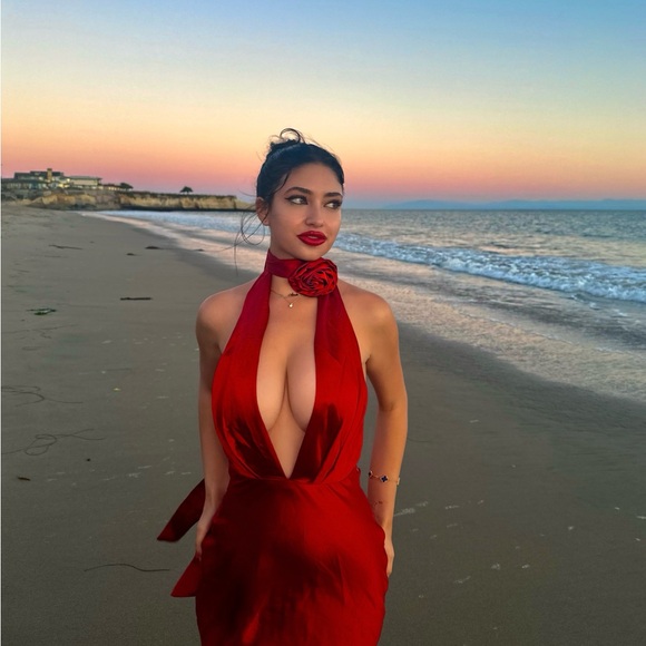 Hello Molly Stolen Style Points Halter Satin Maxi Dress Red - Picture 5 of 5